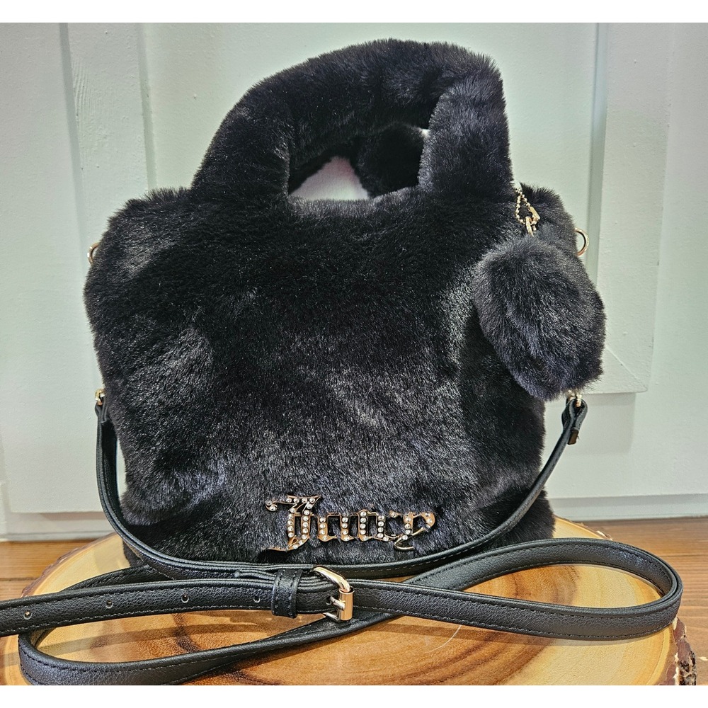 Juicy Couture Black Faux Fur Crossbody Bag Rhinestone Logo Pom Pom Y2K Mini Tote